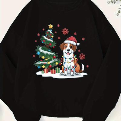 TEMU Plus Size Christmas Dog Sweatshirt For Women, Casual Crew Neck Long Sleeve Knit Polyester Sweater, Regular Fit, With Pattern, For Fall/winter Image