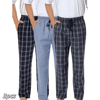 3 stücke männer Frühjahr/Sommer Pyjama Hosen Baumwolle Plaid Casual Elastische Taille Mit Kordelzug Taschen Lose Hause Schlafen böden Image