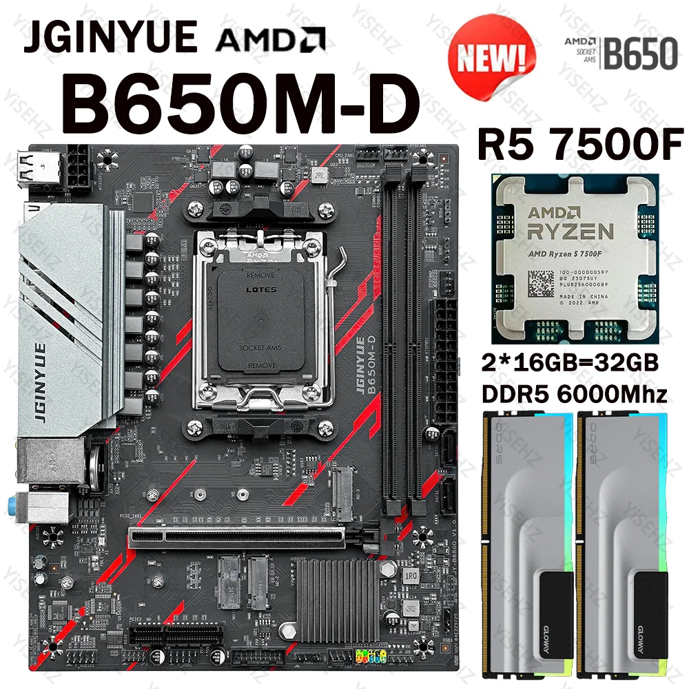 JGINYUE B650 Motherboard AMD Ryzen 5 7500F Prozessoren AM5 2*16GB DDR5 RAM Unterstützung M.2 NVME ARGB B650M-D Micro-ATX Motherboard Image