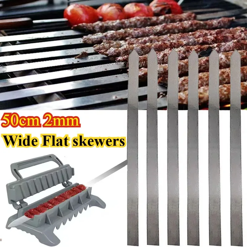 50 cm breite, flache Edelstahl-Grillspieße mit Holzgriff, Schasch, Kebab, türkische persische Grills, Koubideh, iranisch, brasilianisch, europäisch Image