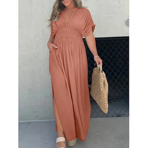 Damen Maxikleid Kunstbaumwollleinen Kaftan Kleid Freizeitkleid Einfarbiges Kleid Lässig Sport Outdoor Straße Normale Passform Einfach Halbarm V Ausschnitt Wein Orange Aprikose Sommer Frühling Herbst Image
