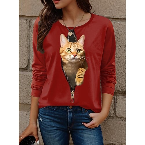 Damen T-Shirt Crew Neck Langarm Tunika Katze Modern Lässig Regulär Tops Daily Wochenende Print Weiß Gelb Rot Blau Staubiges Blau Herbst Winter Image
