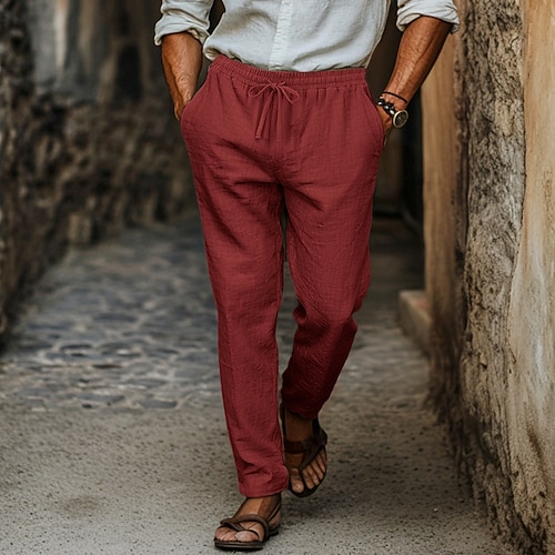 Herren Leinenhose Hose Hosen Tasche Kordelzug Glatt Komfort Atmungsaktiv Täglich Strassenmode Vintage Stilvoll Hellkaki Schwarz Mikro-elastisch Image