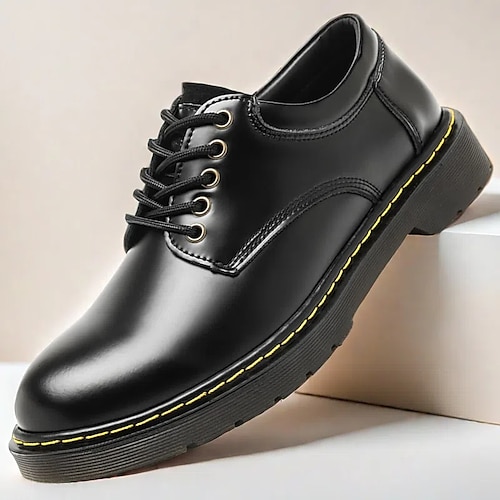 Schwarze Schnürschuhe aus Kunstleder für Herren mit gelben Nähten, strapazierfähige Freizeit-Sneaker für die Arbeit und den Alltag Image