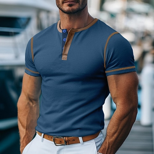 Herren Waffel-Henley-Hemd T-Shirt Kurzarm Kariert Mode Designer Bequem Knöpfe Henley Outdoor Lässig Täglich Sommer Schwarz Weiß Gelb Henley T-Shirt Image