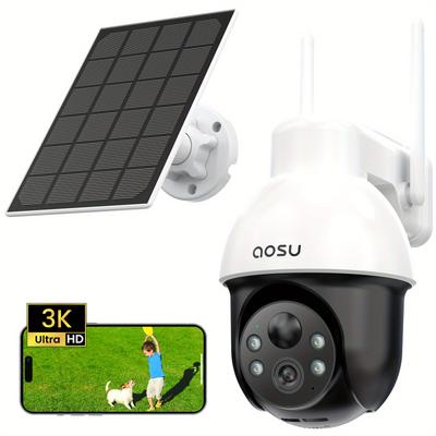 TEMU Aosu Solar Security Camera Wireless , 3k/ 5mp Battery Powered Wifi Camera For , Ptz, Auto Tracking, Human/ Vehicle Detection, Night Vision, Spotlights, 2-way Image