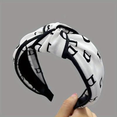 TEMU 1pc Headband Spring And Summer Style Black And White Striped Contrast Color Cross Knotted Letter Bundle Hairband Hair Hoop Image