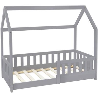 Ml-design - Kinderbett 70x140 cm mit Rausfallschutz, Dach und Lattenrost, Hellgrau, Massivholz Image
