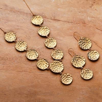 Cosmic Cascade,'Hammered Brass Charm Necklace & Dangle Earrings Jewelry Set'