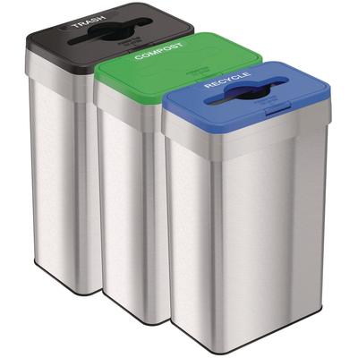 HLS Commercial Open Top Trash Can/Recycle Bin/Compost Bin w/Color-Coded Lids Set, 21 gal, Plastic/Stainless Steel, Silver/Black/Blue/Green (HLMHLS21UO