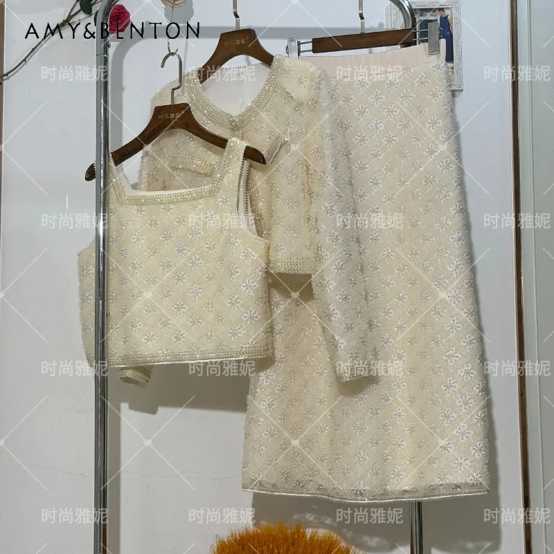 Modedesign Sinn europäischen Stil leichte Luxus Nische Schwerindustrie Perlen Weste Medien und langen Rock Strickjacke Mantel Jacke weiblich Image