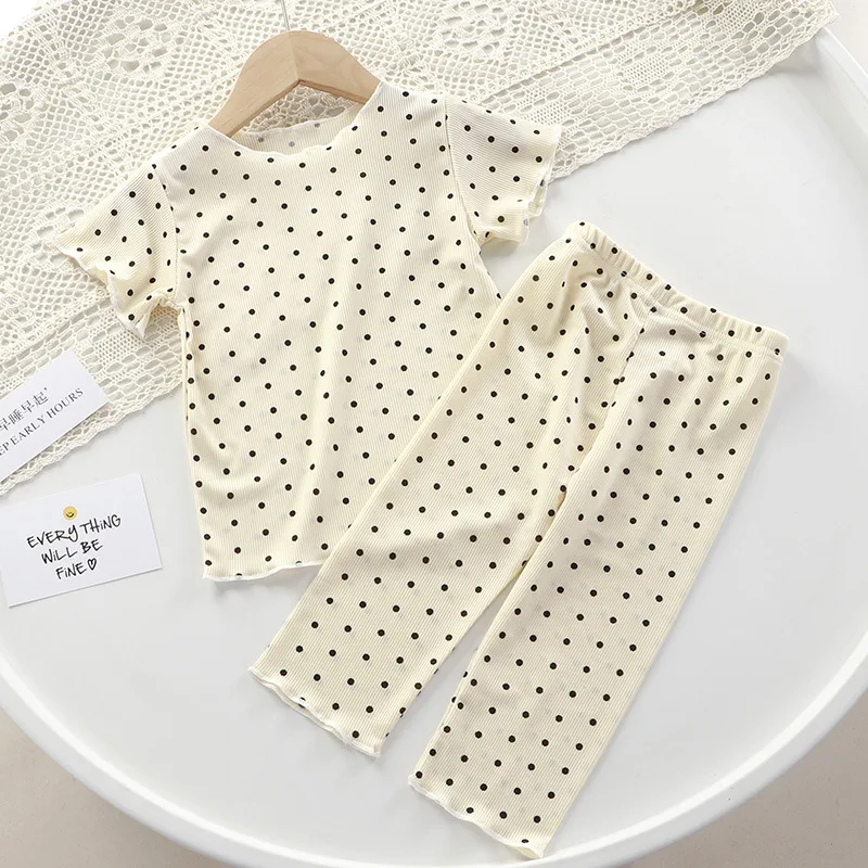 Kinder-Kurzarmanzug mit Polka-Dot-Motiv, Sommer-Hauskleidung aus reiner Baumwolle, 0–4 Jahre alt, Baby-T-Shirt-Hose, lässiges zweiteiliges Set