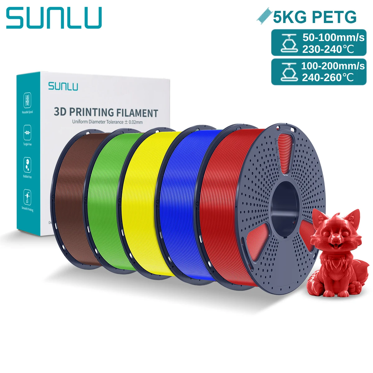 SUNLU PETG 3D-Drucker-Filament, 5 kg, ordentlich gewickelt, gute Zähigkeit, 1,75 mm 3D-Filament mit wiederverwendbarer Spule für die meisten FDM-Drucker Image