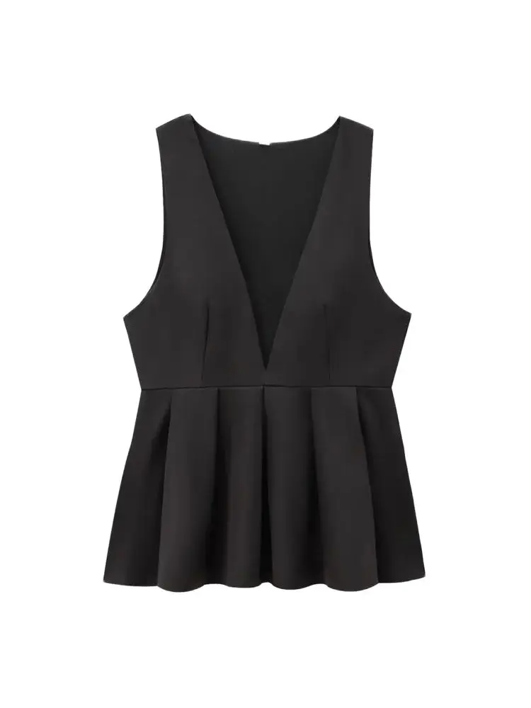 Frauen Mode Mit Göttin Saum Blusen V-ausschnitt Ärmellose Seite Zipper Weibliche Shirts Chic Tops Image