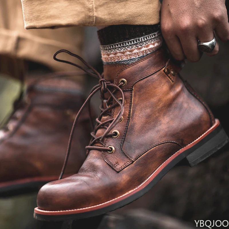 Trendige neue Herren-Arbeitskleidungsstiefel, Retro-Mode, Komfort-Lederstiefel, lässig, vielseitiger Motorradstiefel, männliche Schnürschuhe, Zapatos Image