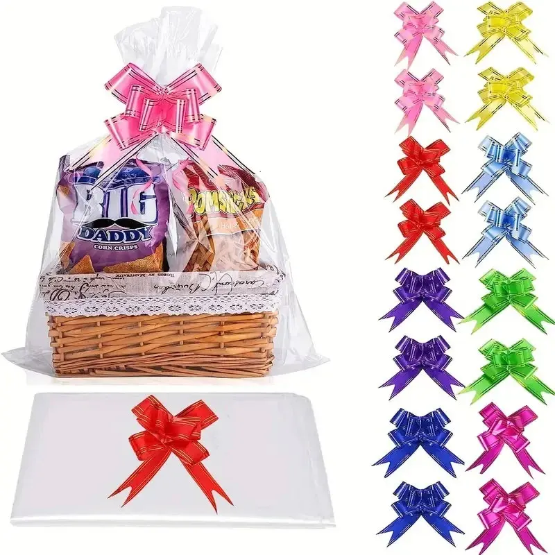 20/50 Stück große, durchsichtige Zellophanbeutel mit Schleife für Korb und Geschenkverpackung, Weihnachtsdekoration Image