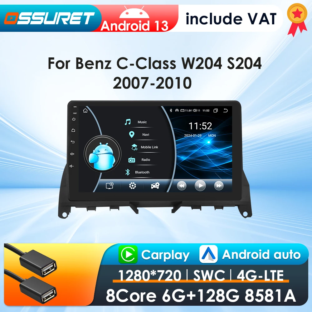 2DIN Android 13 Autoradio Für Mercedes Benz C Klasse W204 S204 2007-2010 Auto Multimedia GPS 4G Drahtlose CarPlay autoradio KEINE DVD
