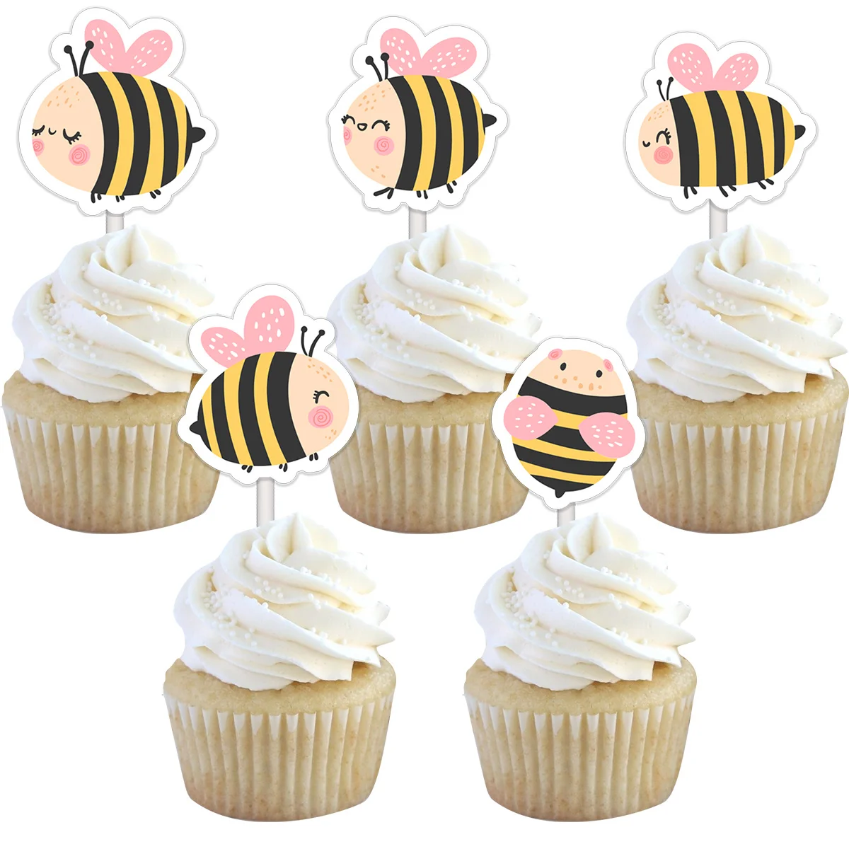 20 Stücke Honigbiene Cupcake Topper Rosa Karton Papier Topper Für Kinder Glückliche Biene Tag Geburtstag Party DIY Kuchen Dekoration Lieferungen Image