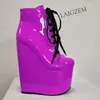 LAIGZEM Damen-Stiefeletten, Plateau-Keile, runde Zehen, glänzende seitliche Reißverschluss-Kurzstiefel, handgefertigte Damenschuhe, große Größe 41, 43, 47