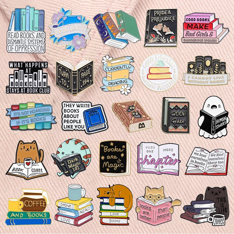 Collezione di libri creativi Spille smaltate Caffè Lazy Cat Bookworm Nerd Libro magico Spille Distintivo da bavero Gioielli Regali per gli amici