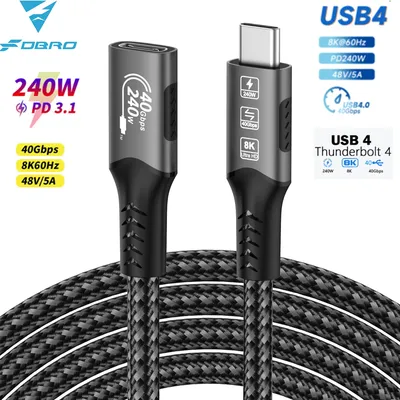 8K USB C 4 Extension Cable Fast Charging Cable Extender Male to Female Type C UHD Video 40Gbps 240W PD3.1 with Thunderbolt 4/3