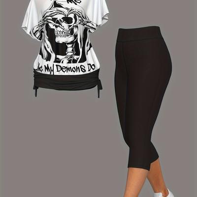 TEMU 's Day Women's Gothic Love Me Letter Skull Fashion Casual Top And Shorts Image