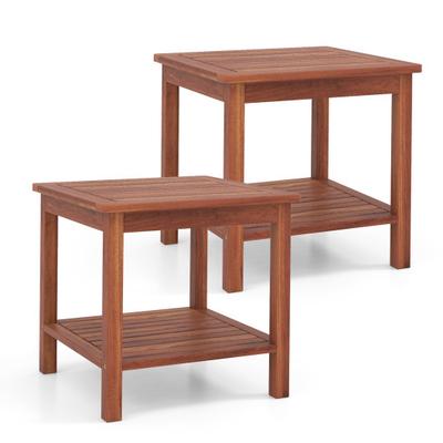 Costway Set of 2 Double-Tier Acacia Wood Patio Side Table with Slatted Tabletop and Shelf