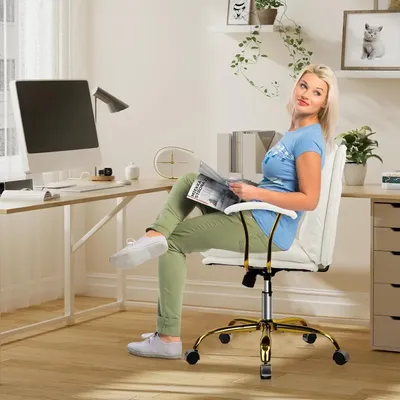 Ergonomic Office Desk Chair with Wheels and Arms, Faux Leather Computer Chair for Home Bedroom