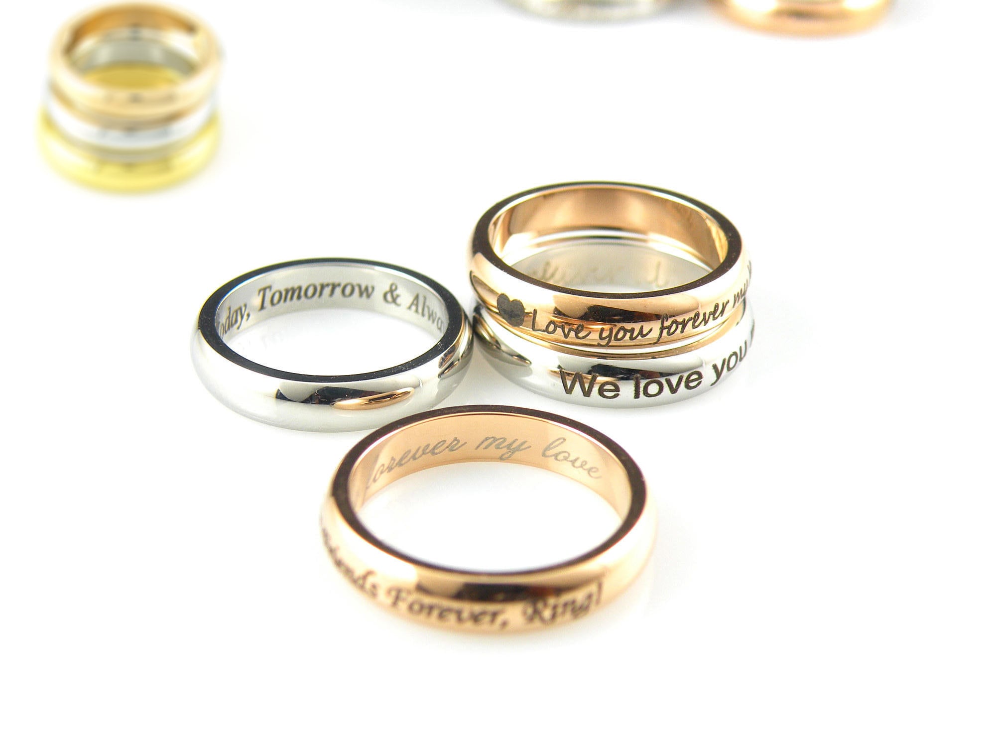 Anello personalizzato con nome personalizzato, anello in acciaio inossidabile lucidato a specchio, anello in oro rosa, anello nuziale con incisione pe