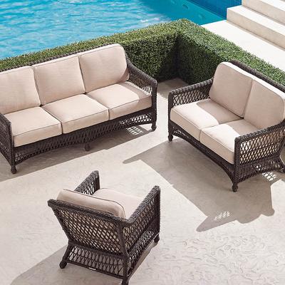 Hampton 3-pc. Sofa Set in Black Walnut Wicker - Standard, Boucle Air Blue - Frontgate