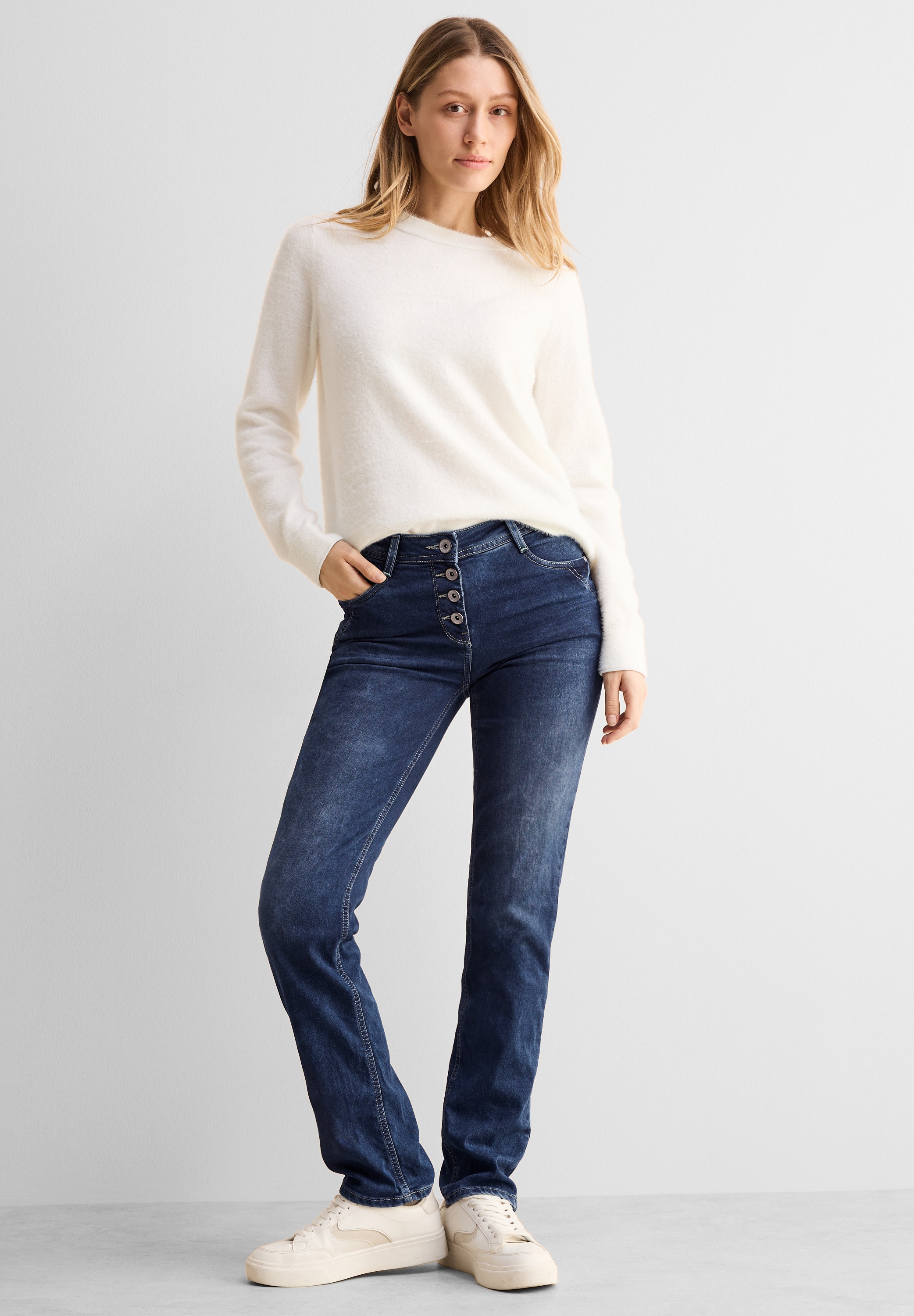 Straight-Jeans CECIL, Damen, Gr. 30, Länge 30, blau (mid blau wash), Jeans, 75% Baumwolle, 23% Polyester, 2% Elasthan, unifarben, lang, Jeans Straight-Jeans, mit Knopfleiste