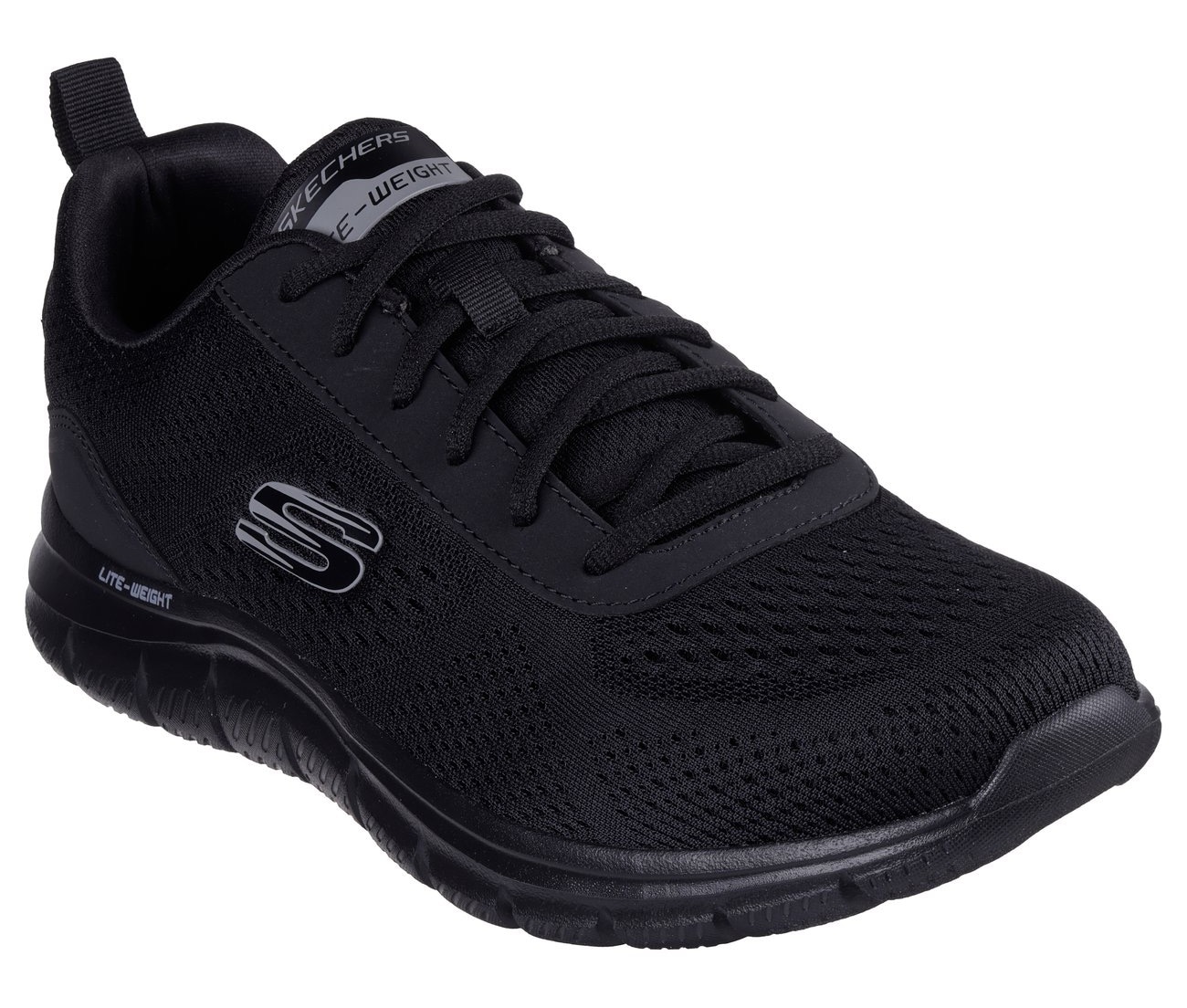 Schnürschuh SKECHERS "TRACK-LESHUR", Herren, Gr. 43, schwarz (schwarz, schwarz), Lederimitat, Textil, Schuhe Schnürschuh, Freizeitschuh, Trainingsschuh im Materialmix