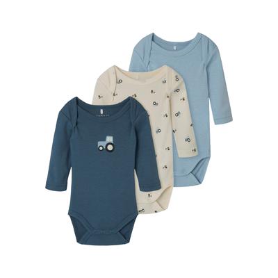 Strampler NAME IT "NBMBODY 3P LS JET STREAM TRACTOR NOOS", Baby, Gr. 62, N-Gr, grün (jet stream), Jersey, Obermaterial: 100% Baumwolle, bedruckt, casual, regular fit, Langarm, Overalls Image