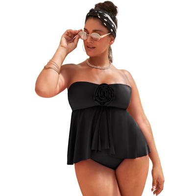 Plus Size Women's Rosette Bandeau Tankini Top by Swimsuits For All in Black (Size 14)