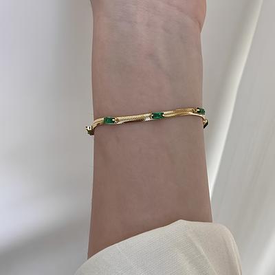 TEMU Vintage 18k Gold-plated Stainless Steel Bracelet With Green & Yellow Zirconia Gemstones - Chic, Accessory For Or Vacation Image