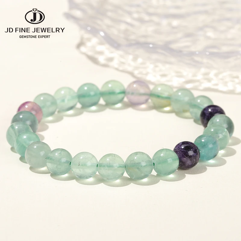 JD Natürliche Kristall Perlen Armbänder Mehrfarbige Fluorit Runde Perlen Armband Reiki Healing Einzigen Kreis Armreifen Elastische Hand Geschenk Image
