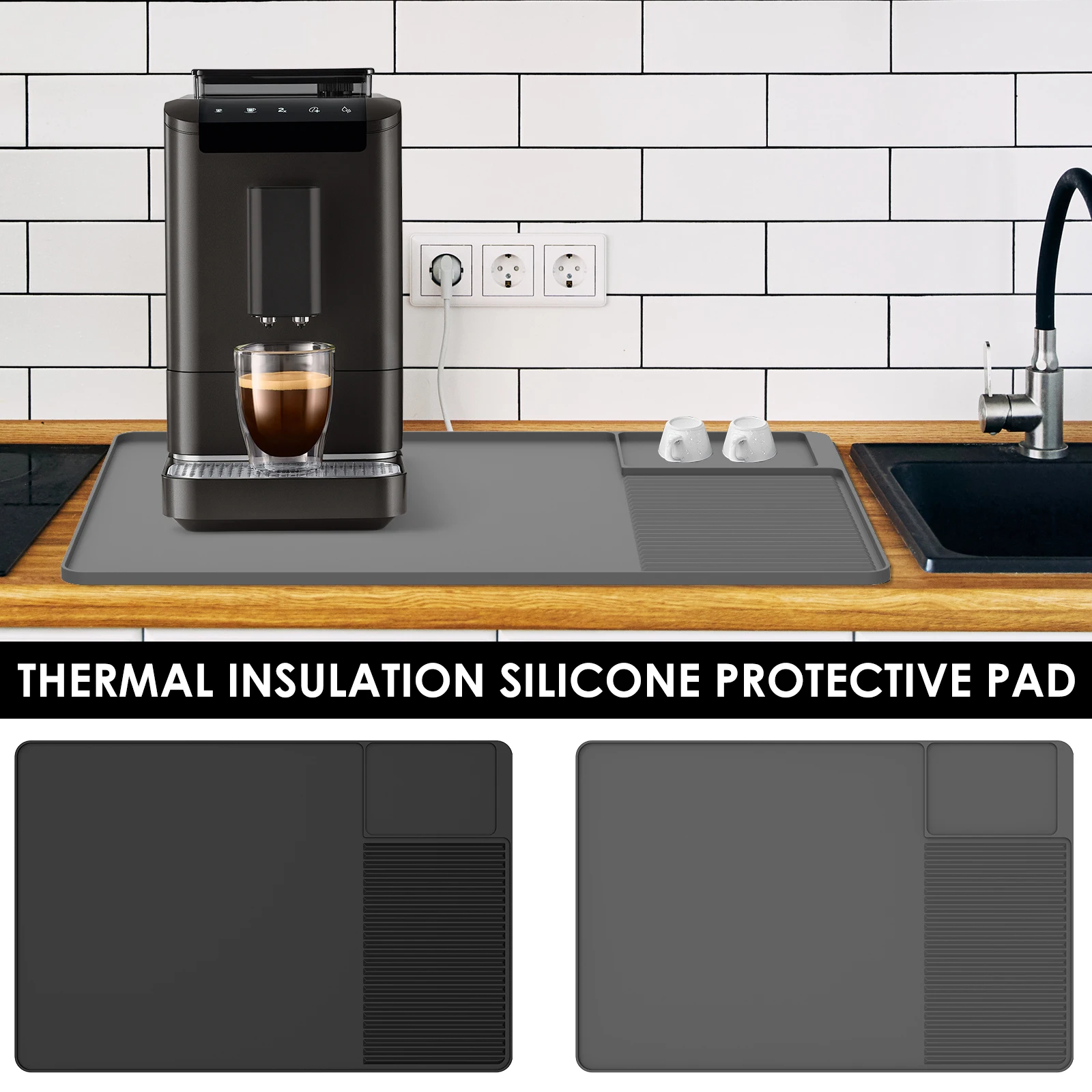 Silikon-Kaffeematte, 3-Zonen-Design, Kaffee-Bar-Matte, rutschfeste Kaffee-Thekenmatte mit erhöhten Kanten, hitzebeständige Kaffeemaschinenmatte Image