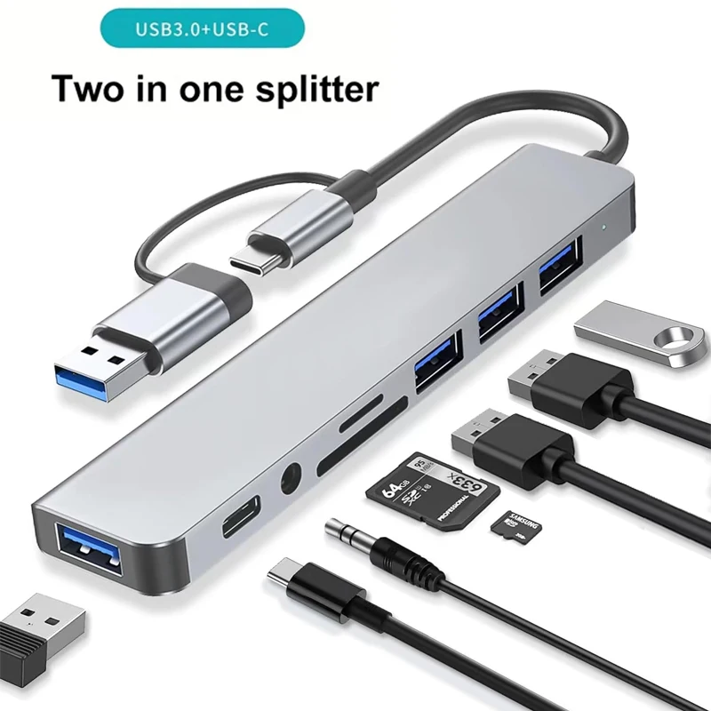 8-in-1-USB-3.0-Hub, USB-Adapter und USB-C-Splitter, TF/SD-Kartenleser, Audioausgang, kompatibel mit MacBook-Laptops/Telefonen Image