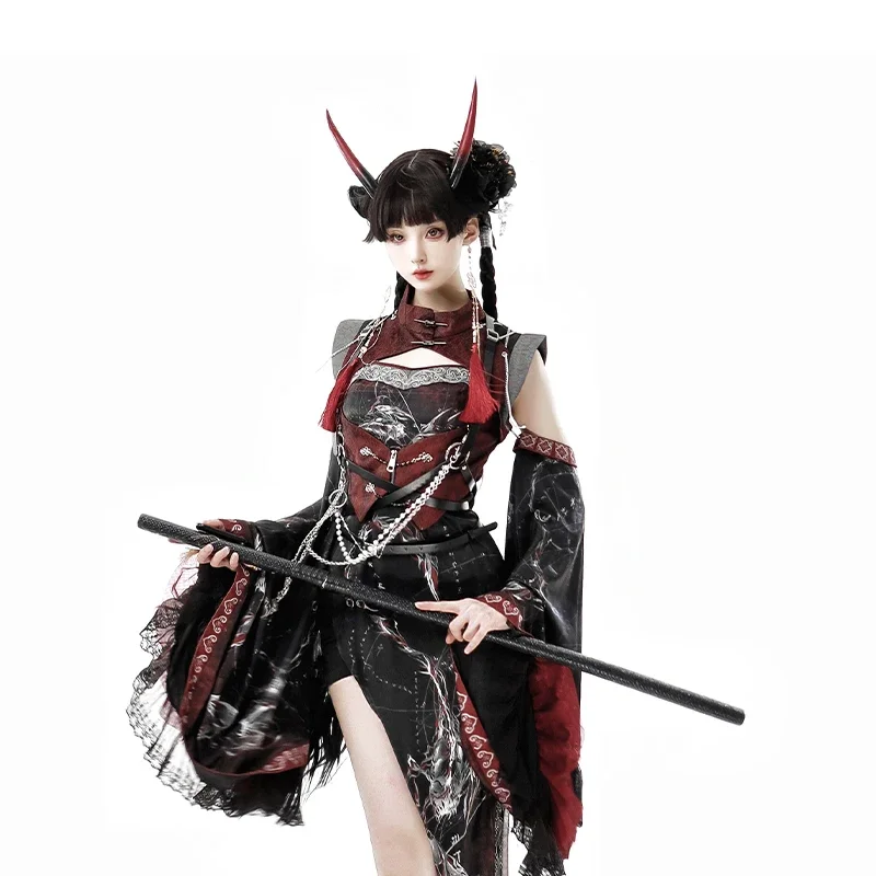 Chinesischen Drachen Stil Rot Schwarz Licht Lolita Kongfu Sets Sommer Mädchen Lange Fliegende Ärmel Tank Top und Shorts Set Goth Anzug Image