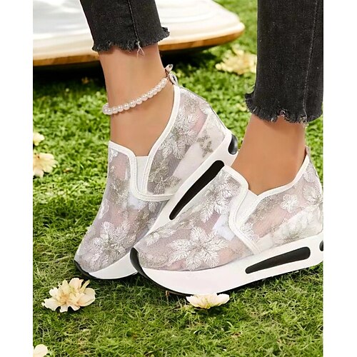 Glitzernde Damen-Sneaker mit Spitze und Plateausohle zum Hineinschlüpfen – elegante und bequeme Schuhe zum Spazierengehen für Hochzeitsgäste, Partys und Reisen (Gold/Schwarz/Silber/Rosa/Weiß) Image