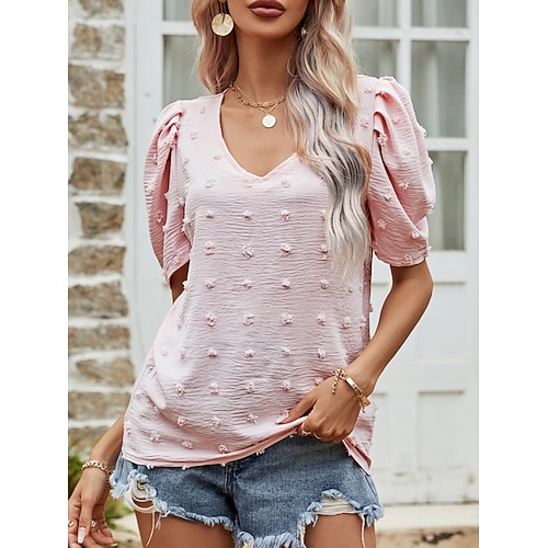 Per donna maglietta Liscio Di tendenza Moderno Informale Manica corta Manica a sbuffo A V Top regolari Giornaliero Fine settimana Rosa Blu Beige Estate