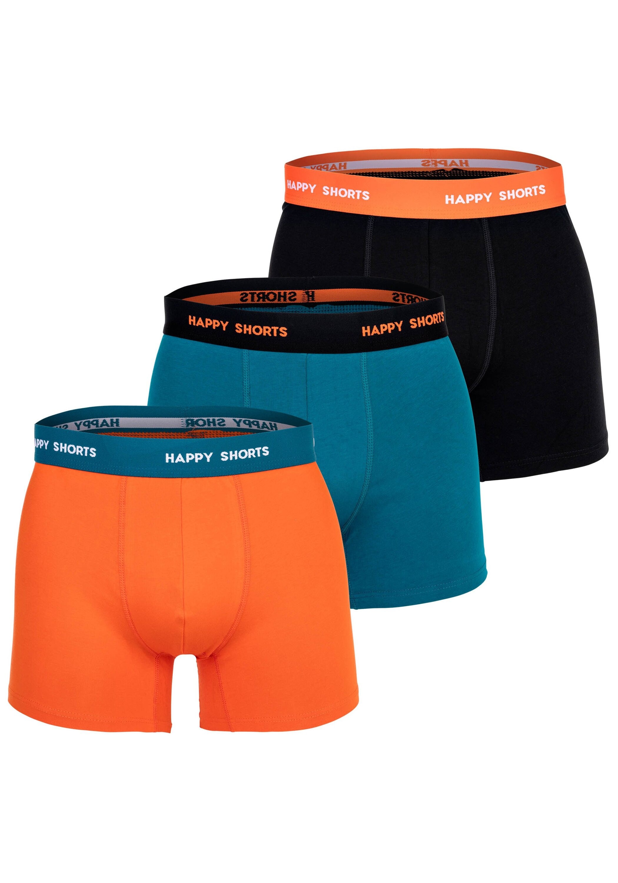 Boxershorts HAPPY SHORTS "Boxershort 3er Pack", Herren, Gr. XL, bunt (orange, schwarz, türkis), Obermaterial: 95% Baumwolle CO. 5% Elasthan EL., Unterhosen