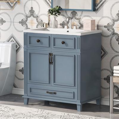 Blue Retro Bathroom Vanity with Resin Sink, Soft-Close, 1 Drawer