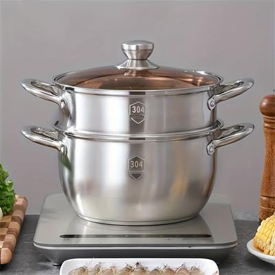 TEMU 1pc Stainless Steel Steamer Pot, Thickened Cooking Pan For Induction Cooker And Gas Stove, Kitchen Cookware For Home And Restaurant, Steamer Pot, Kitchen Supplies