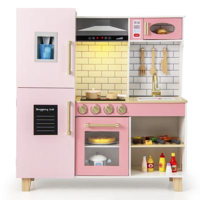 Costway Wooden Pretend Play Kitchen with Ice Maker Range Hood and Blackboard-Pink