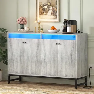 Sideboard Buffet Cabinet with Power Outlet, Kitchen Storage Cabinet with LED Light & Doors, Accent