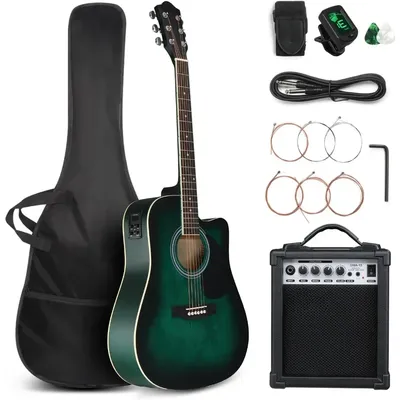 Full Size 6 Strings Acoustic Electric Guitar Beginner Kit w/ 15W Amp,w/Inbuilt Tuner, Bag, Strap,