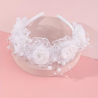 TEMU Elegant Floral Lace Headband With Pearls And Rhinestones, Polyester Bridal Hair Accessory For Women And Girls, Ideal For Performances, Festivals, And Parties - 1 Piece Image
