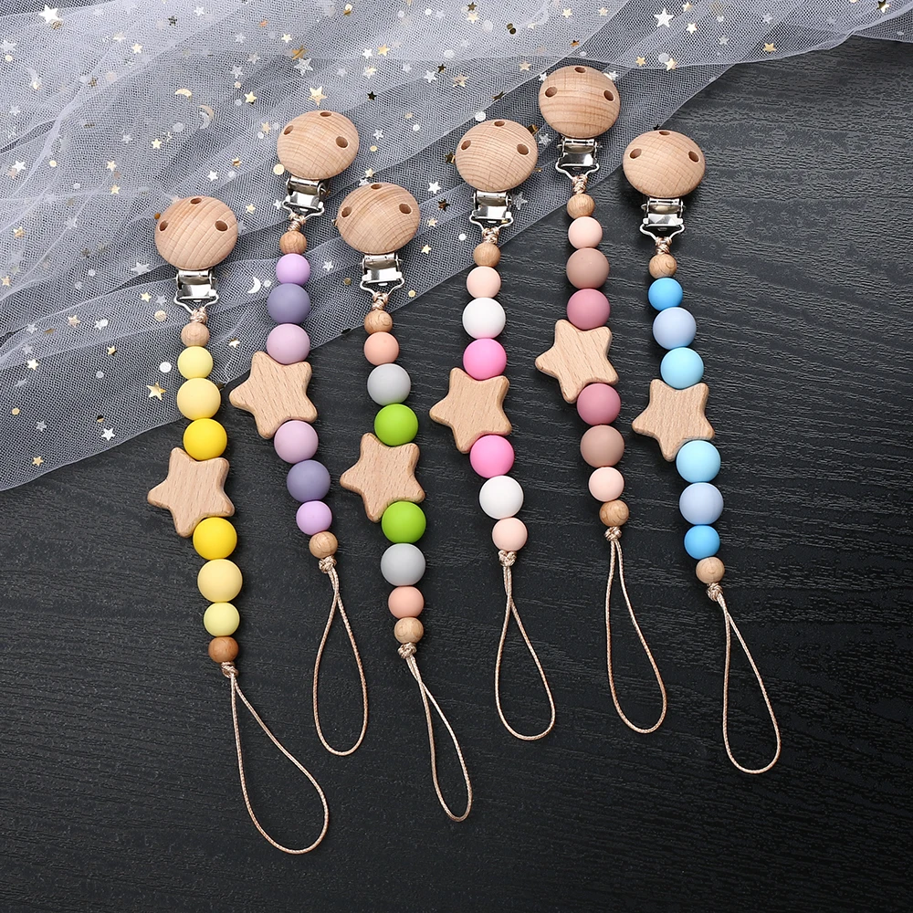 Baby Schnuller Halter Clip Buche Holz Fünfzackigen Stern Silikon Runde Perlen Schnuller Kette Für Baby Beißring Pflege Nippel kette Image