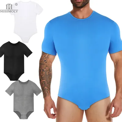Herren-Body mit Rundhalsausschnitt, kurzärmelig, Overall mit Press-Schritt-Unterwäsche, Trikot für Erwachsene, für Shapewear, Kompressions-Strampler, Unterhemd Image